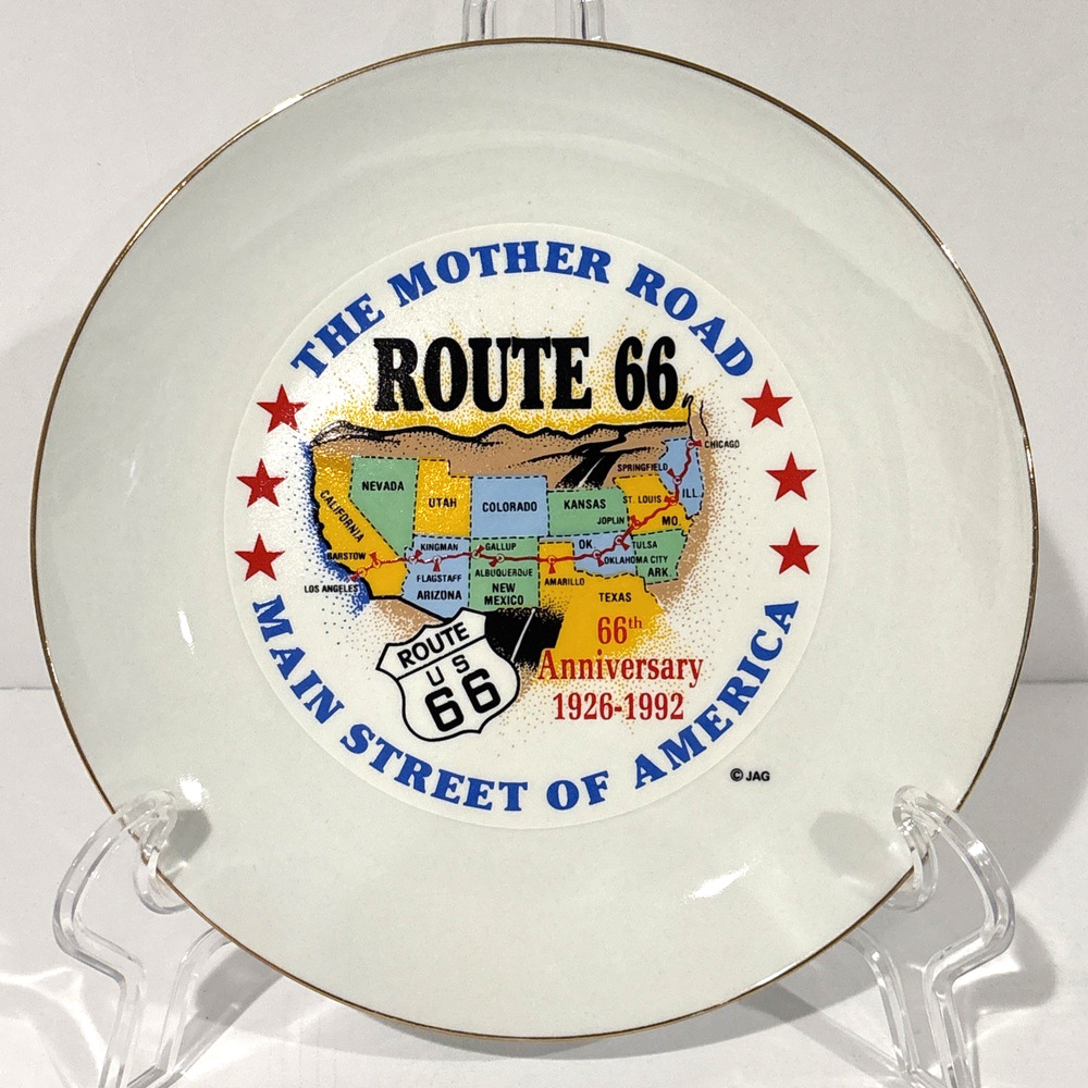 Vintage Route 66 66th Anniversary Collector Plate 1992 Map Souvenir Mother Road